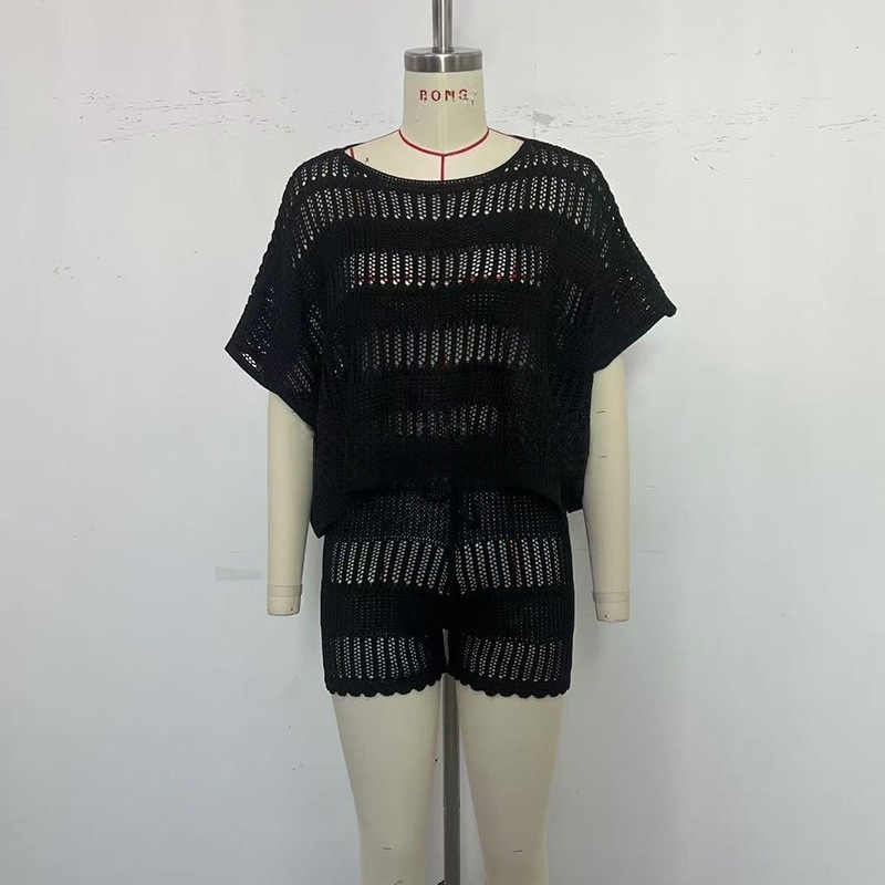 Женская вязание крючком вязать из двух частей Beach Cover Up Короткий рукав Топ с шортами